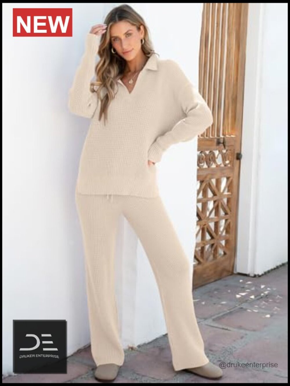 Waffle Knit Two Piece Lounge Set - Pullover & Wide Leg Pants - Picture 4 of 7